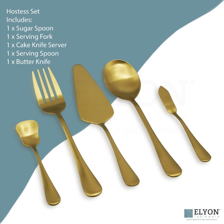 Elyon Luly Matte Gold Hostess 5 Piece Set Stainless Steel Serving Set