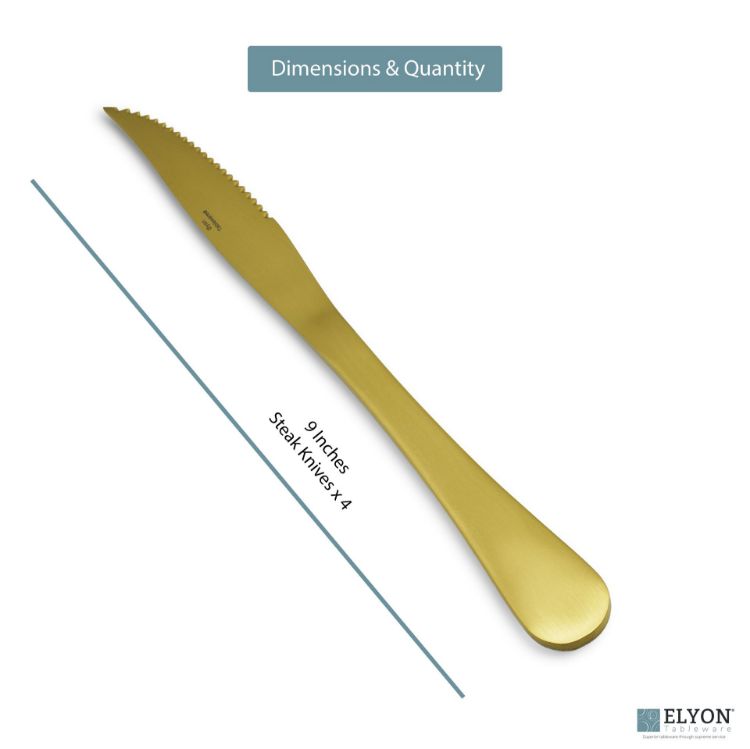 Elyon Luly Matte Gold Steak Knives 4 Piece Set Stainless Steel Cutlery Service For 4